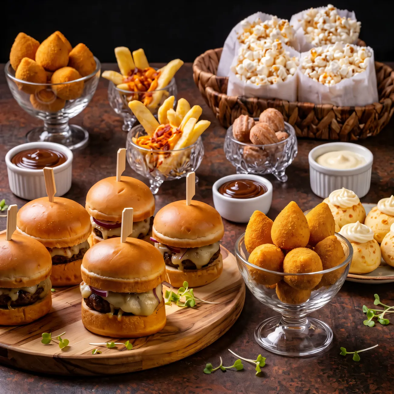 Tábua com batata, coxinha e pipoca