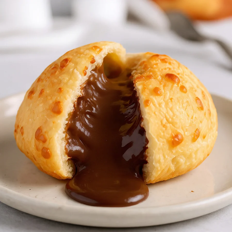 Pão de queijo com creme de avelã, aberto ao meio